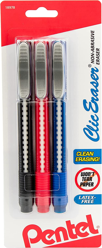 Pentel Clic Retractable Eraser with Grip, 3 Pack