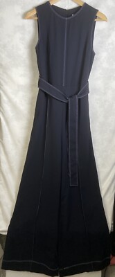 Mango Suit Designer Wardrobe Sz2 Navy Wide Leg Jumpsuit with Contrast Stitching