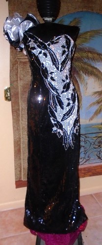 Vintage 80's Alyce Designs White Sequin & Beaded Floor Length Gown | eBay