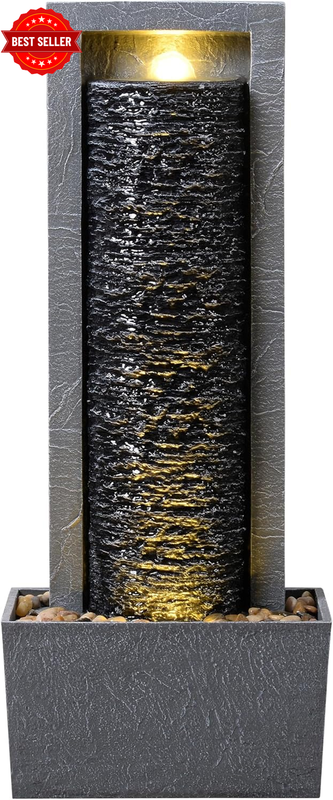 Outdoor Column Water Fountain with LED Lights Rock Design, Dark Grey