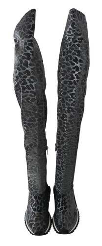 Pre-owned Dolce & Gabbana Dolce&gabbana Women Gray Sneakers Boots Leopard Print Above Knee Bootie Trainers