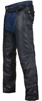 Black Motorcycle Leather Chaps Men Women Biker Riding w/ Zip Out Liner, Size XL