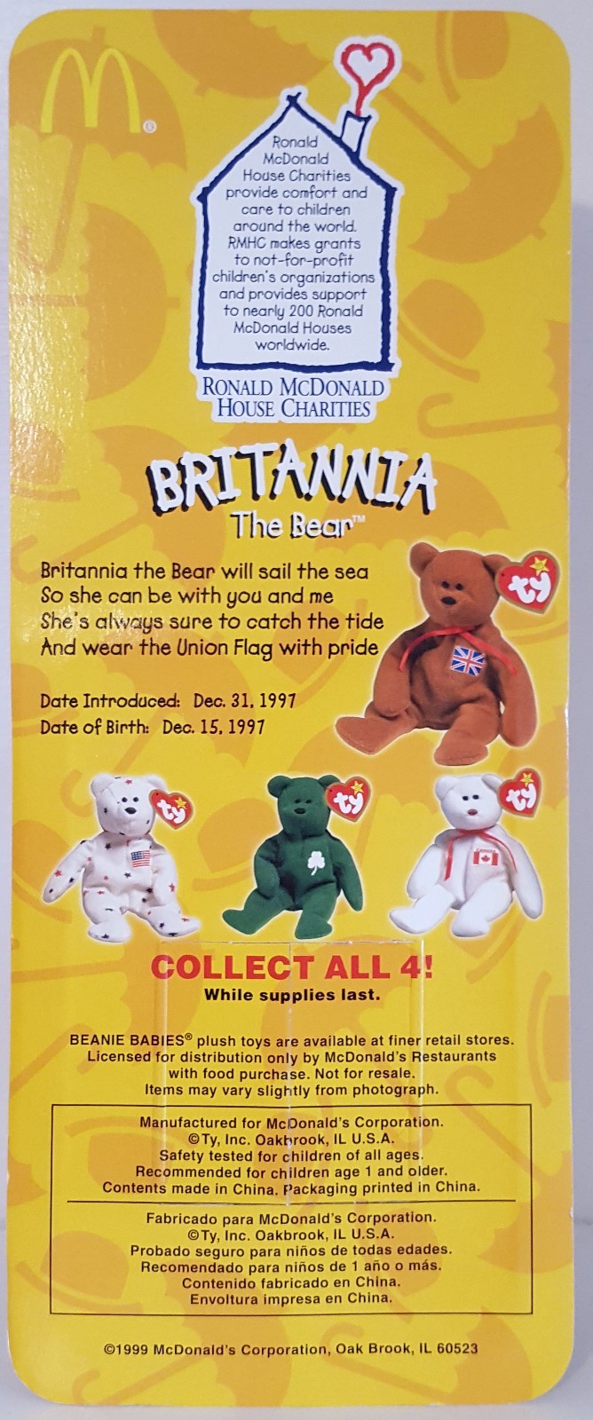 TY TEENIE BEANIE BABIES 1997 RONALD MCDONALD HOUSE CHARITIES BRITANNIA THE BEAR