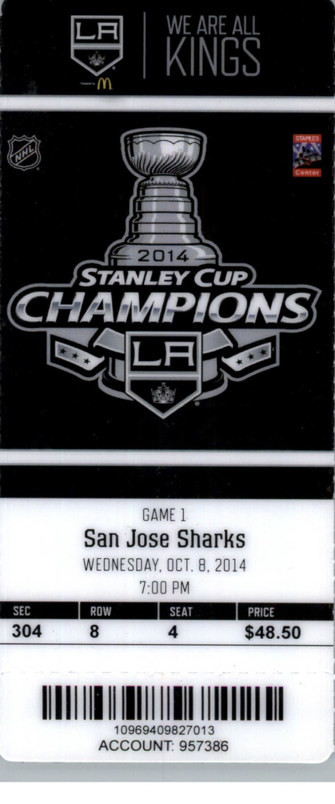 チケット、スポーツ、野球 San Jose Sharks vs Los Angeles Kings 10/8/2014 Full Ticket
