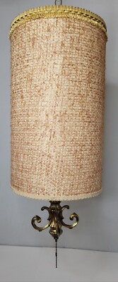 Vtg Burlap Mid Century Modern Drum Barrel Shade Hanging Lamp Pull Chain 60s-70s