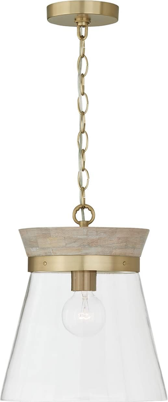 347311WS Finn Modern Bohemian Handcrafted Mango Wood Clear Glass Cone Pendant Ceiling Light Fixture, 1-Light 100 Watt, 14