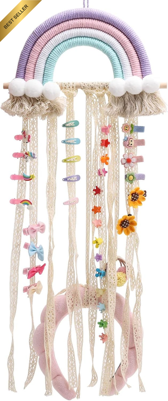 Rainbow Tassel Wall Hanging Hair Bow Organizer for Girls' Room