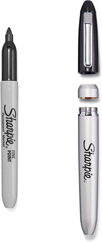 Permanent Markers with Stainless Steel Marker Case, Fine Point, Black, 6 Count