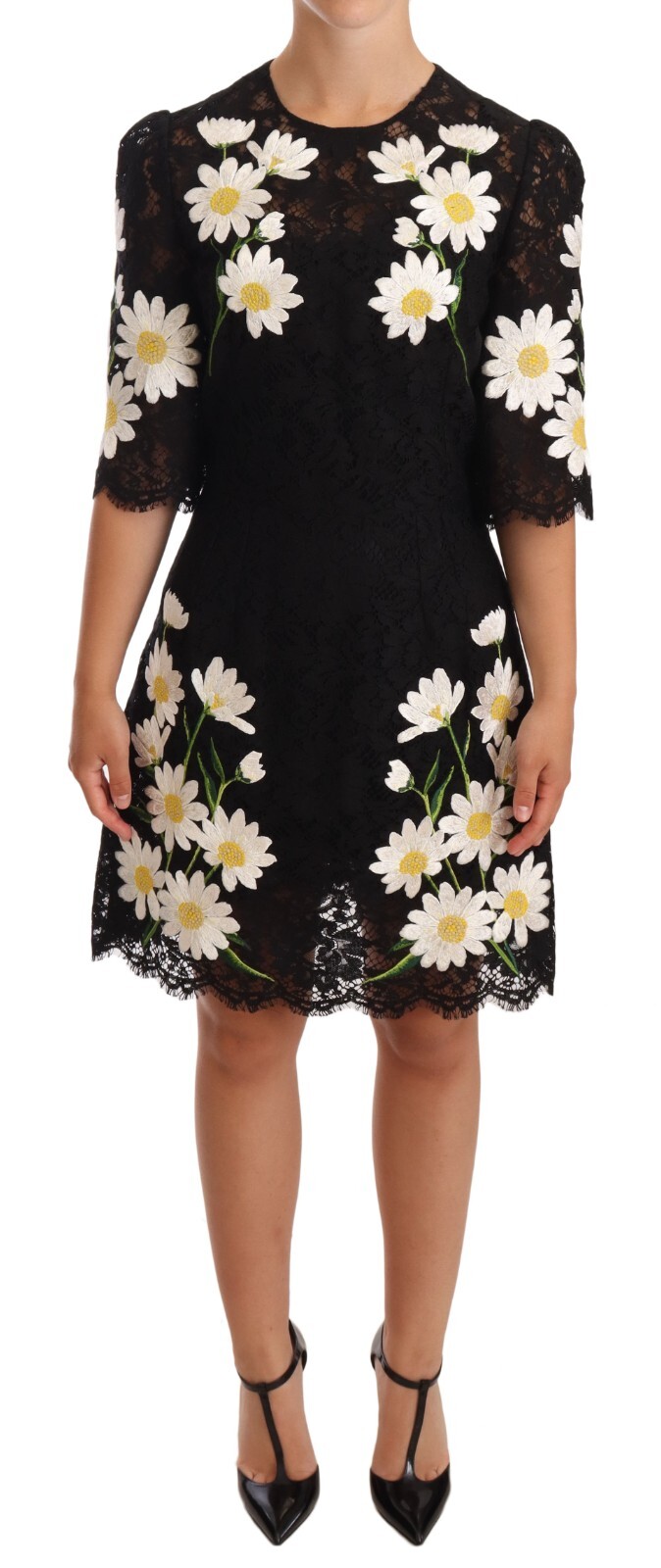 DOLCE & GABBANA Dress Black Floral Lace Daisy Sicily IT36