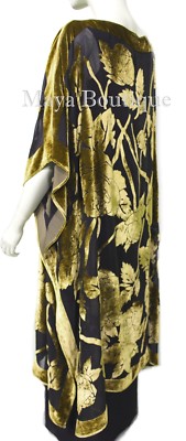 Pre-owned Maya Matazaro Caftan Dress Kimono Silk Burnout Velvet Antique Gold Blk Hand Dyed