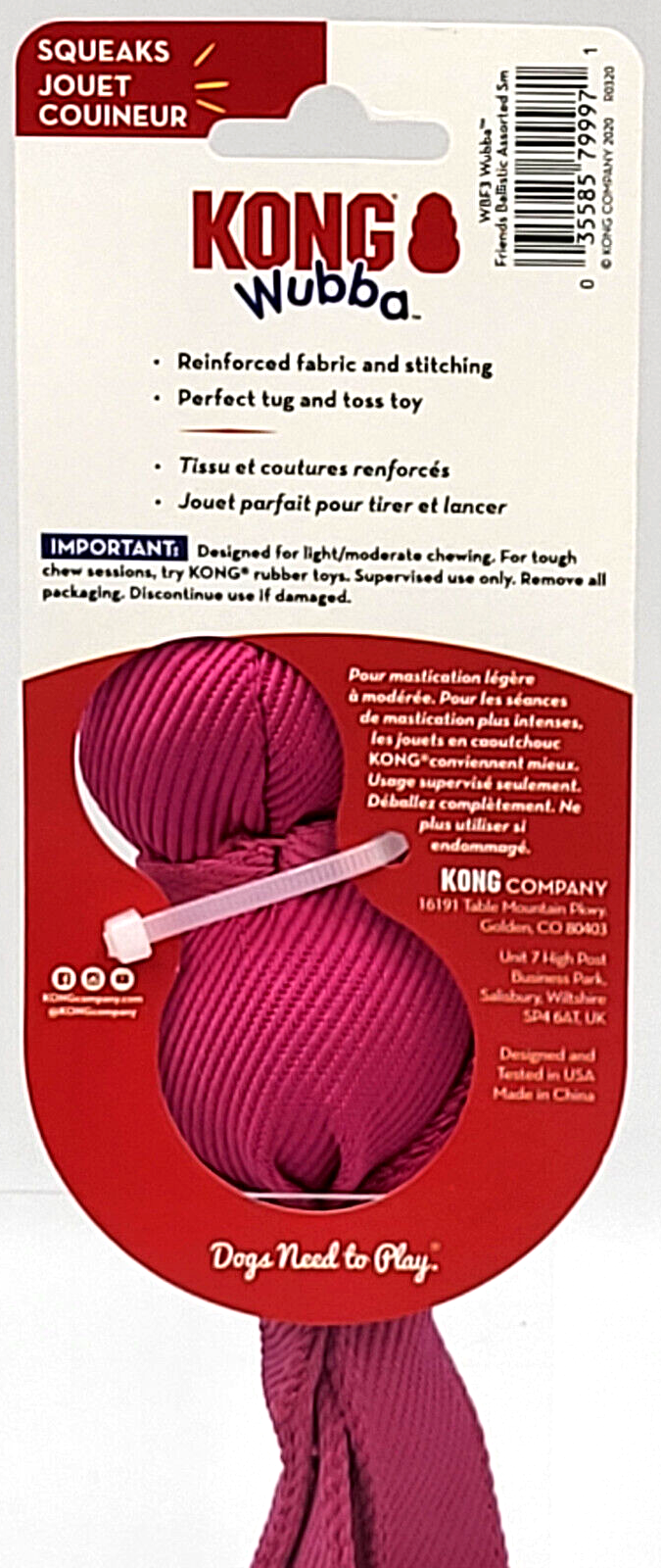 Kong Wubba Friends Ballistic Small Hippo Squeaky Dog Fetch Toy