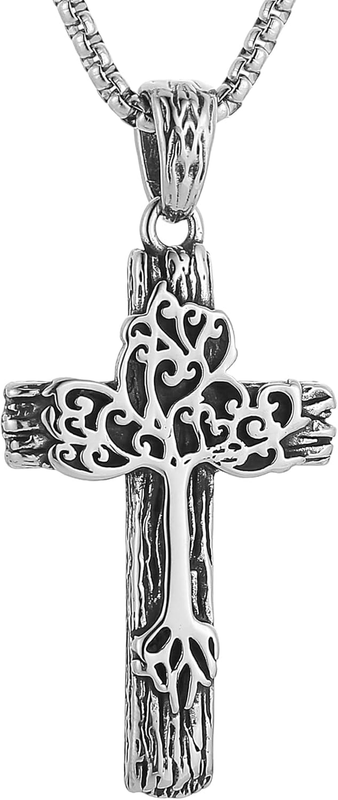 Retro Cross Necklace for Men Stainless Steel Tree of Life Cross Pendant Necklace