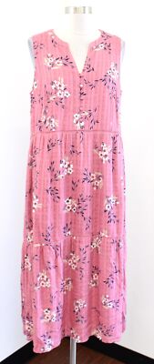 J Jill Rose Pink Plaid Floral Print Tiered Midi Maxi Dress Size M Sleeveless