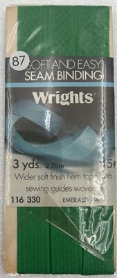 Wrights Seam Binding Soft And Easy 116 330 44-Emerald 3-Yards 1976  Vintage