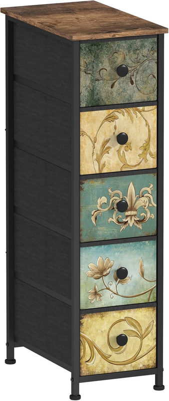 Narrow Storage Dresser Slim Dresser with Retro Flowers Fabric Drawers Vertical Skinny Cabinet for Small Spaces,Bathroom,Bedroom Closet Nightstand,Entryway Organizer (Retro Flower, 5 Drawers)