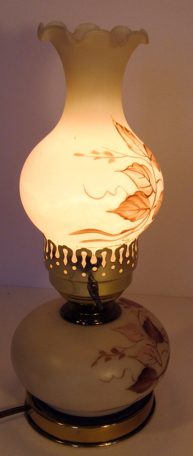Vintage Electric Glass Lamp with Painted Leaf Pattern