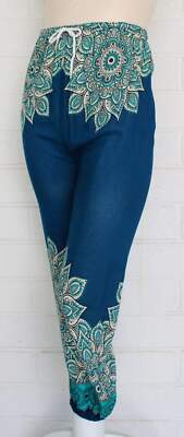 Small Exotic Teal Blue Lotus Zen Elastic Waist Harem Pants Pocket Rayon