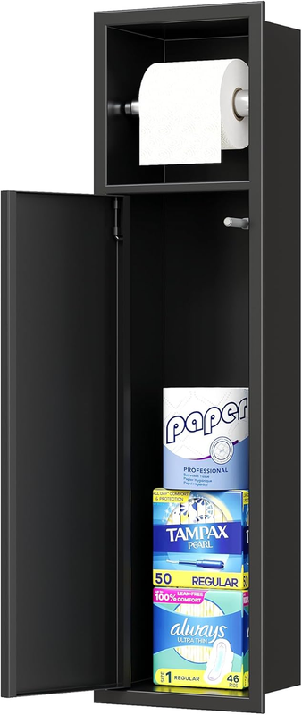 Recessed Toilet Paper Holder, in Wall Toilet Paper Holder, 304 Stainless Steel Tissue Paper Holder with Dispense and Storage for Bathroom, Matte Black