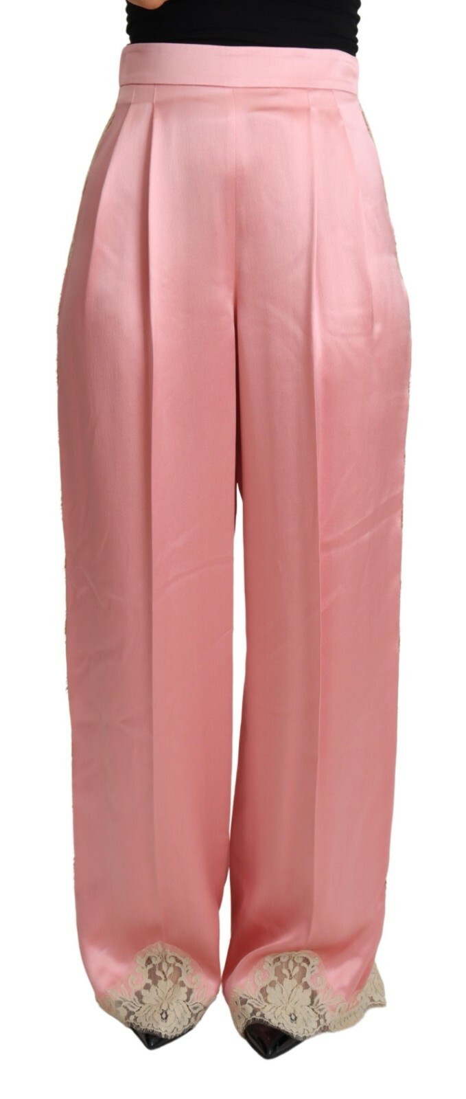 DOLCE & GABBANA Pants Pink Lace Trimmed Silk Satin Wide Legs