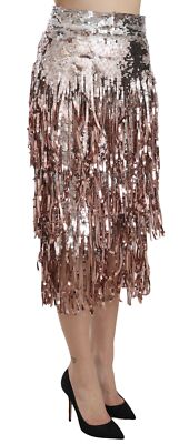 Pre-owned Dolce & Gabbana Skirt Sequin Embellished Fringe Midi Pencil It44/ Us10 /l $10600 In Gray