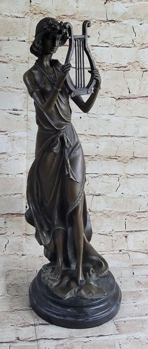 Hand Made Genuine Bronze Female Harp Player by Jean Patoue Home Decoration Sale