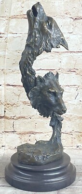 BEAUTIFUL PURE BRONZE MOUNTED WOLVES STATUE BUST ART MARBLE BASE SCULPTURE