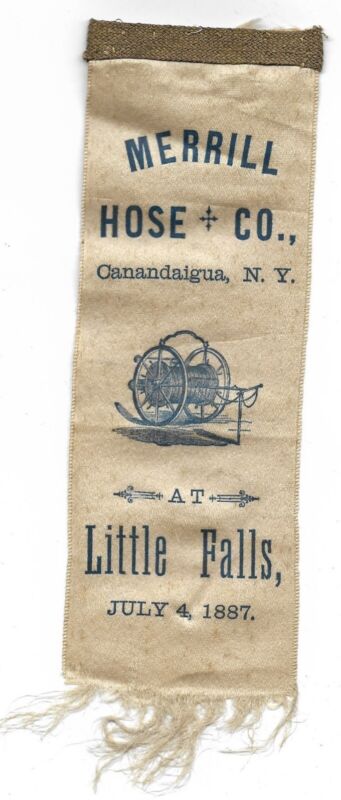 Antique 1887 Merrill Hose Co Canandaigua NY At Little Falls Fire Ribbon Pin
