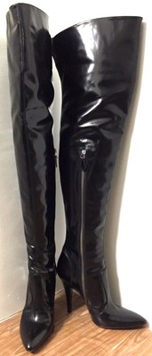 BURBERRY FINE BLACK PATENT LEATHER STILETTO OVER THE KNEE THIGH HIGH BOOTS 38.5