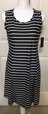 NWT Kim Rogers size PM black white striped slinky A-line sleeveless dress