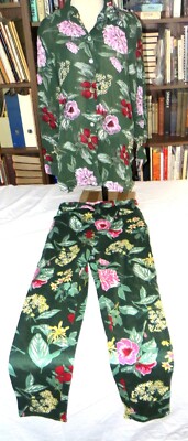 Alain Manoukian Leggings Trousers Pants Dark Green & Shirt Blouse Floral Size S