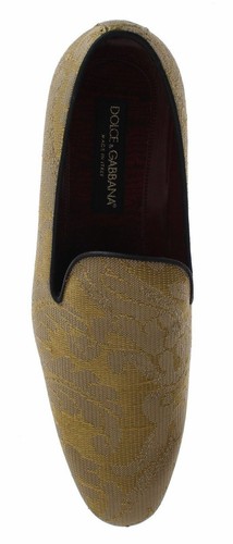 Pre-owned Dolce & Gabbana Dolce&gabbana Men Loafers Yellow Gold Silk Baroque Block Heels Slip On Shoes