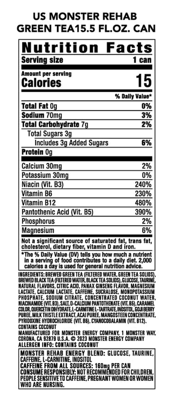 Monster Energy Rehab Green Tea + Energy, Energy Iced Tea, Energy Drink 15.5 Ounc