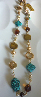PRIMIER 2013 JEWLERY CANYON NECKLANCE NEW 26~29 INCH TURQUOISE~GOLD~GLASS!   