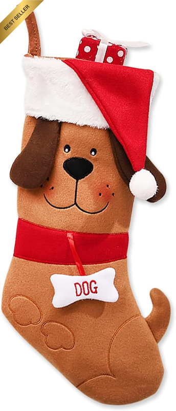17" Large Dog Christmas Stocking Brown Pet Hat Fireplace Hanging Decor