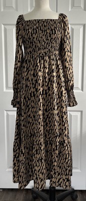 Shein size 8-10 Black+Tan Smocked Bodice Tiered Midi Long Sleeve Square Neck EUC