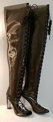 Cape Robbin Black Patent Leather Thigh High Lace up Open toe Boots - 8 NWOB