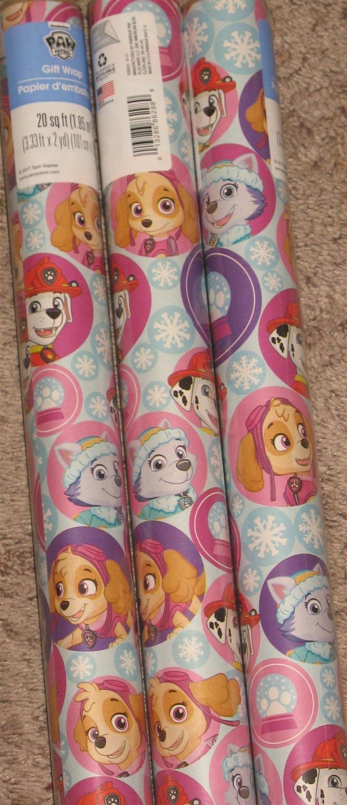 NEW Pale Blue & Pink Paw Patrol Nick Christmas Gift Wrapping Paper 3Rl=60sqft
