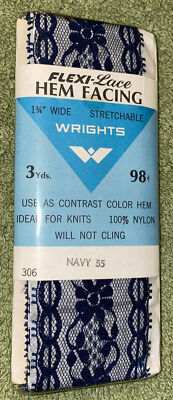 Wrights Flexi-Lace Hem Facing 3yds Stretchable 1 3/4  Wide Navy 55 NOS