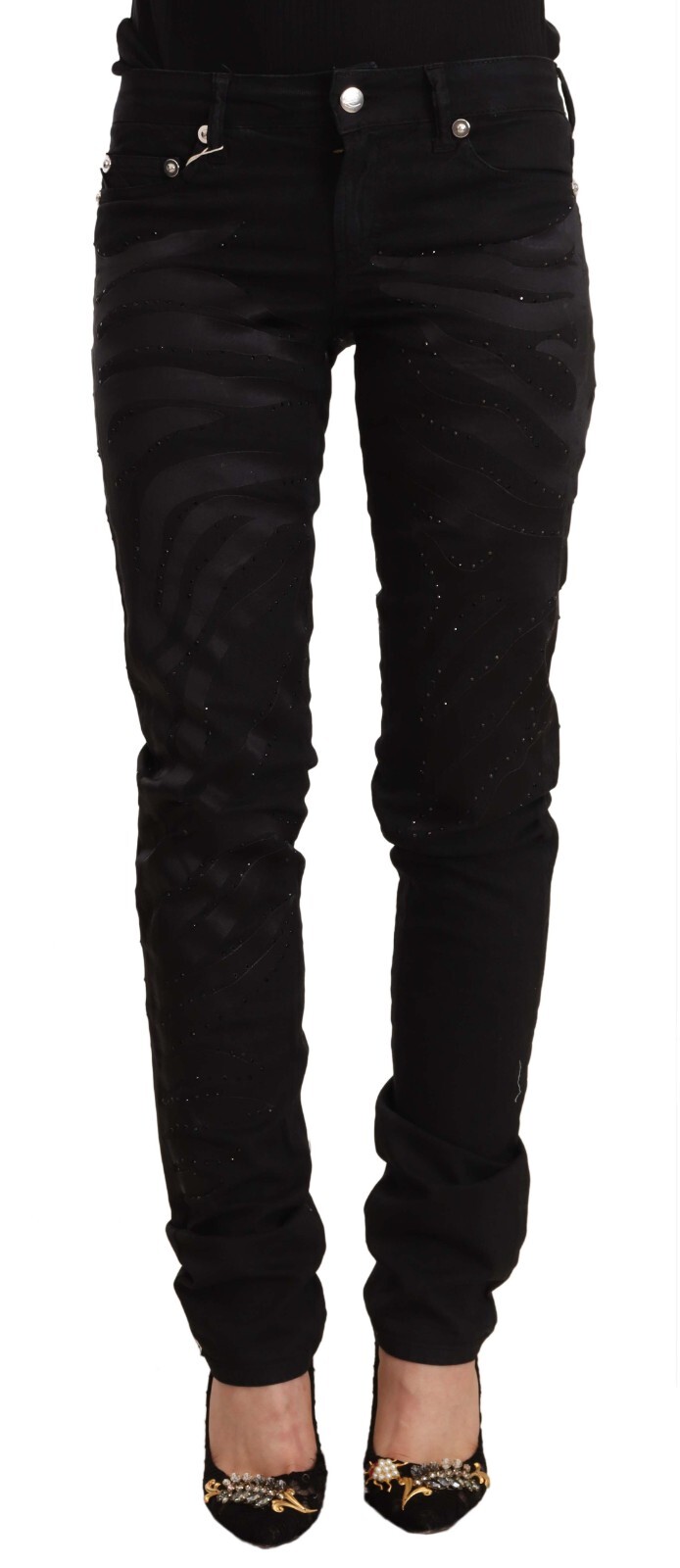 Pre-owned Just Cavalli Jeans Skinny Black Mid Waist Embellished Women Trouser S.w26 $500