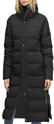 Long Line Black Puffer Coat Side Zip Quilted Body Warmer Popper Zip Hooded