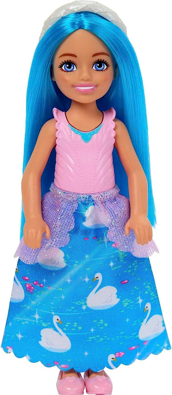 Barbie Royal Chelsea Doll with Blue Hair and White Headband, Colorful Printed Sk
