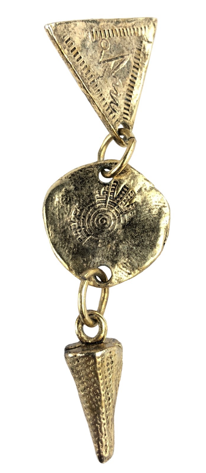 Single Dangle 3 Part Goldtone Earring Petroglyph Style Engraved Markings Saturn