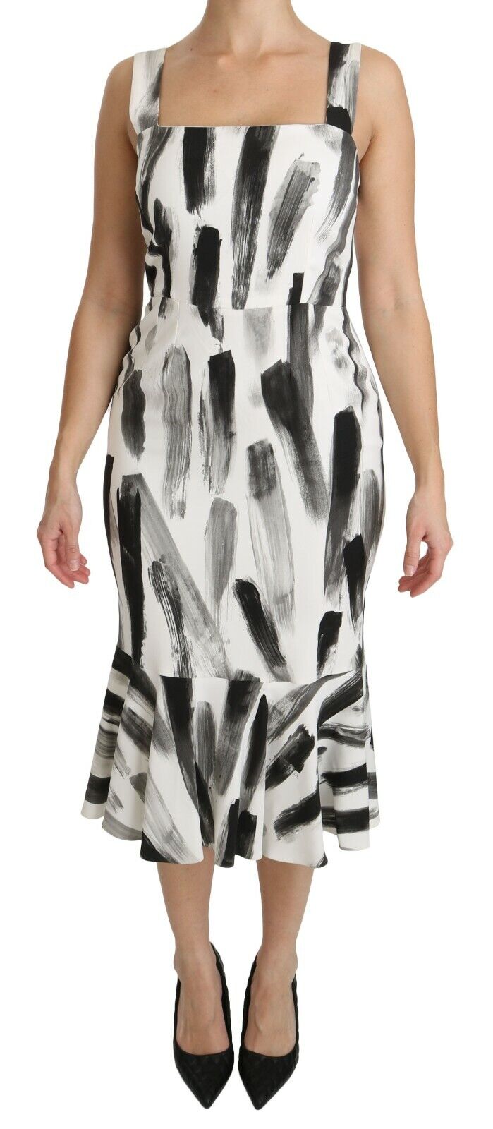 DOLCE & GABBANA Платье-футляр миди из вискозы белого и черного цвета с принтом IT44/ US10/L 4140 $