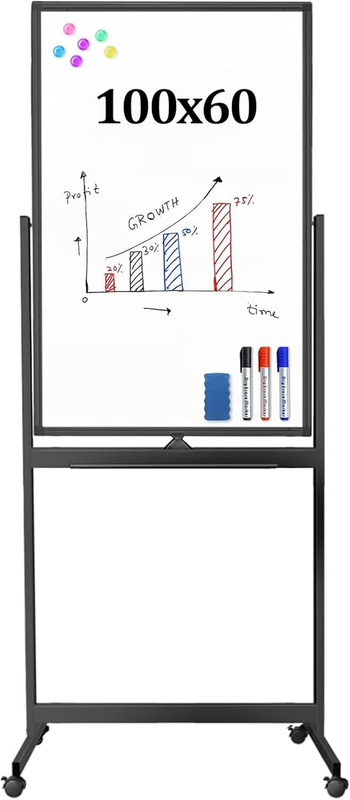 60X100Cm Magnetic Mobile White Board, Double Sided Dry Erase Board Rolling White