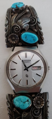 VTG Signed HY Sterling Mens Navajo Turquoise Watch Southwest Traditions CITIZENS