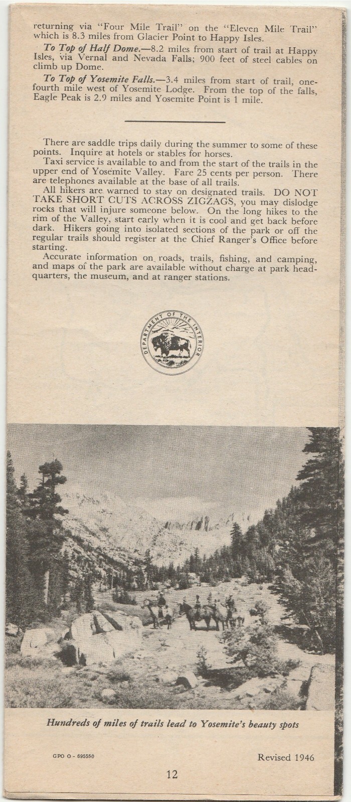 Yosemite National Park Brochure issued By the U.S. Dept. of Interior 1946