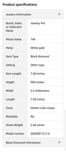 ?? 14k White Gold 2.4 Carat Black Diamond Heat Treated Briolette Bracelet 7.5in