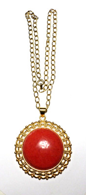 Vintage Huge Red Glass /Acrylic? Round Pendant 65x53mm Necklace 18'' Mint