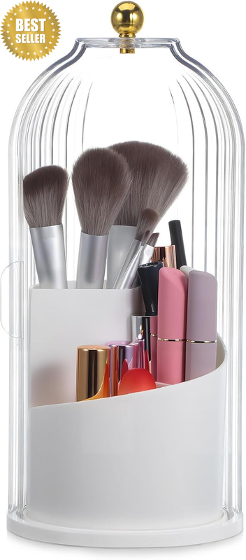 Rotating Makeup Brush Storage Box with 360° Spinning Base & Dustproof Lid – Larg