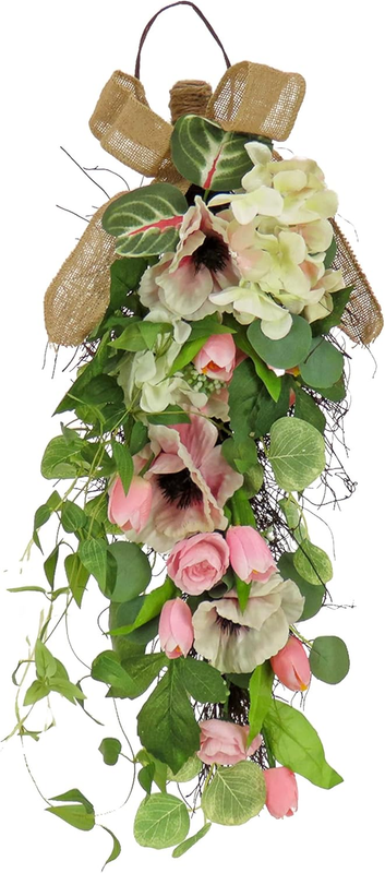Artificial Teardrop Wall Hanging Decoration, Pink, Woven Branch Base, Decorated Hydrangea & Tulip Blooms, Eucalyptus Leaves, Flowing Green Stems, Spring Collection, 26 Inches